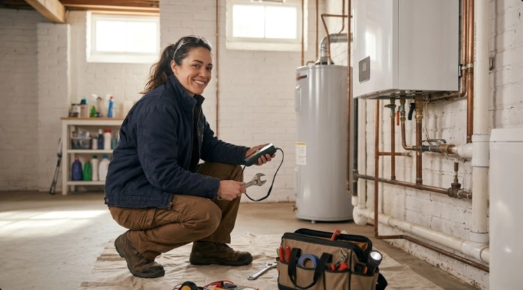 Licensed gas piping specialist conducting digital pressure testing and valve inspection in an apartment mechanical room